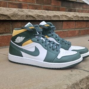 Nike Air Jordan High-Tops in Green, White, and Yellow